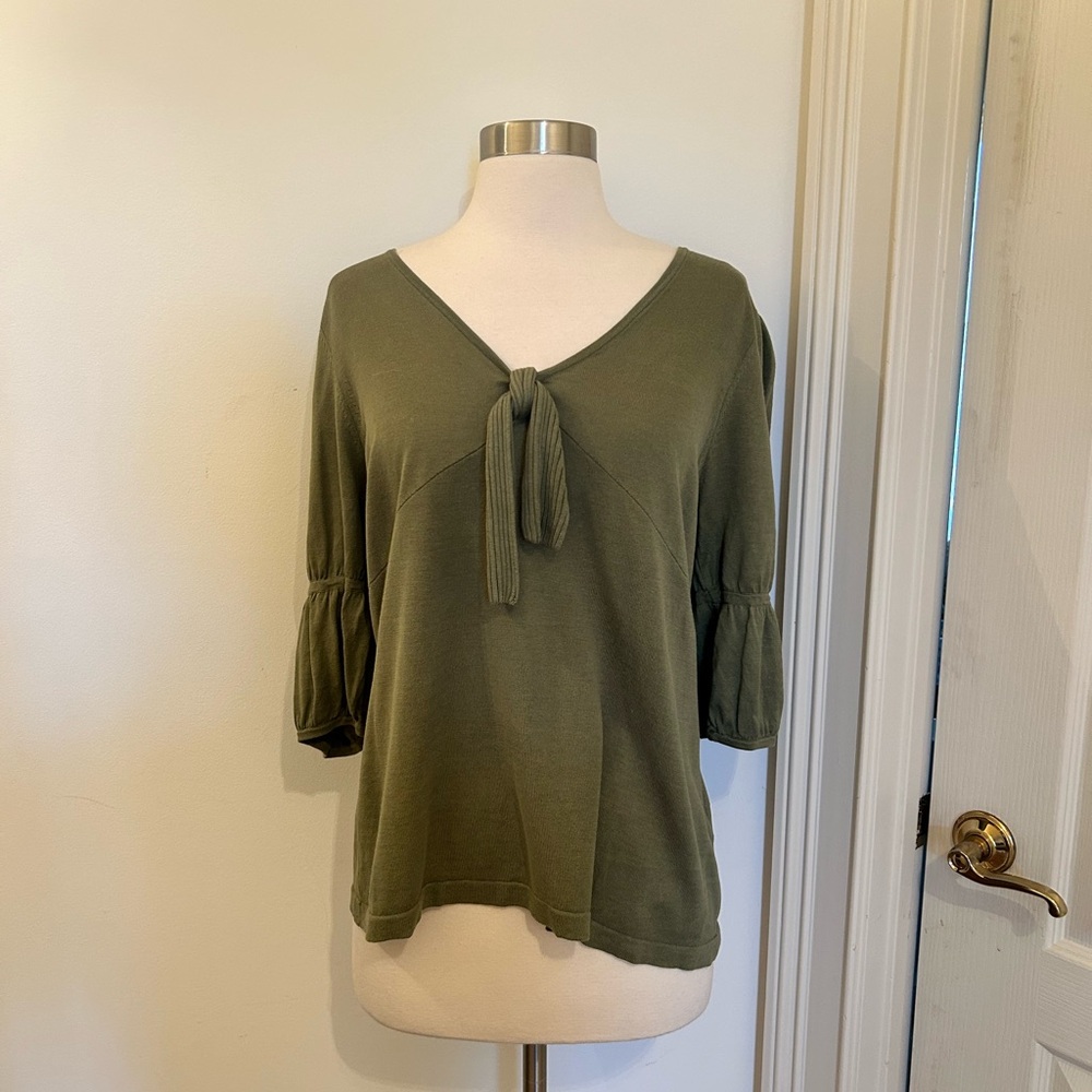 August Silk Olive Green V-Neck Blouse with Faux Tie Front